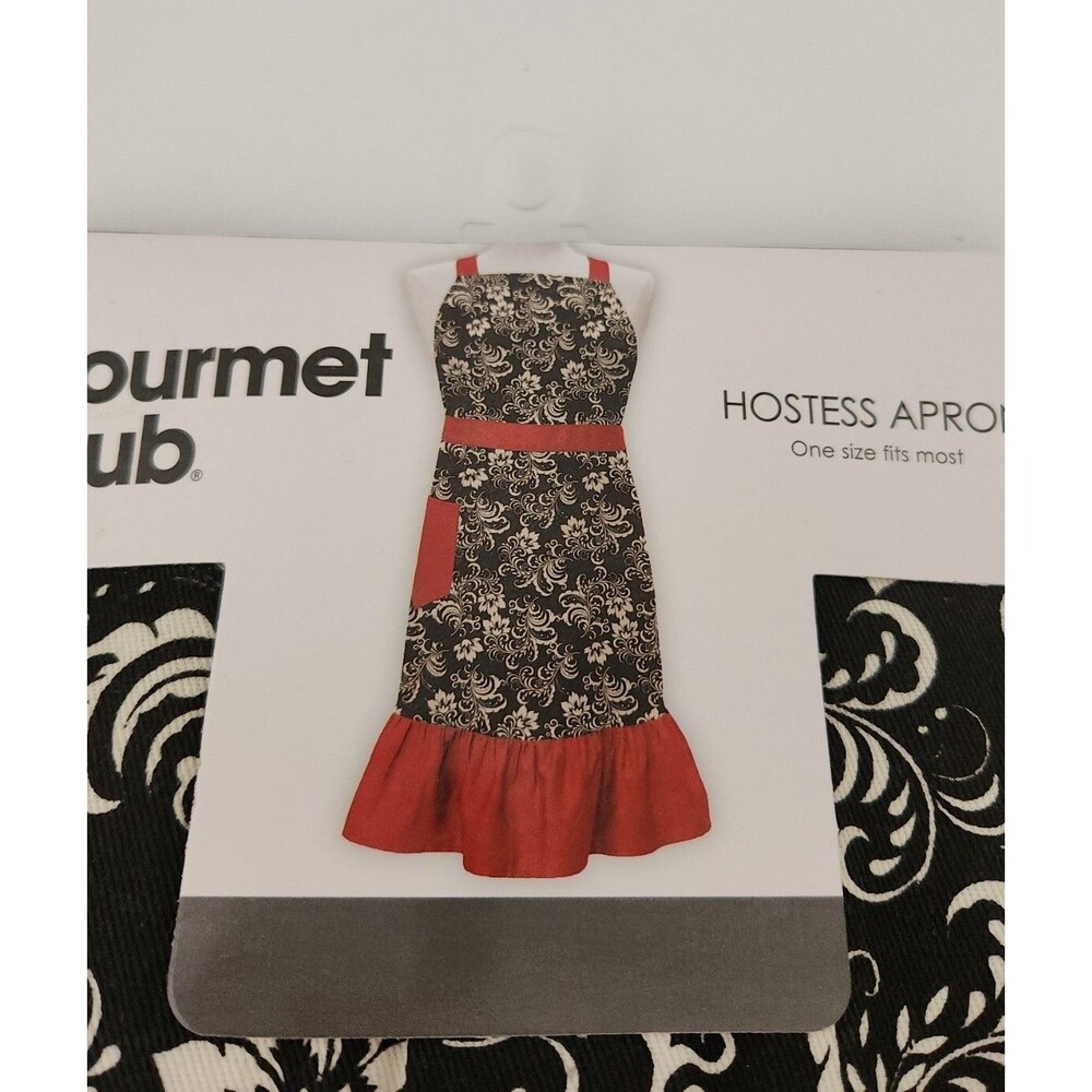 New GOURMET CLUB Hostess Apron  100% Cotton black with red Daisy floral one size